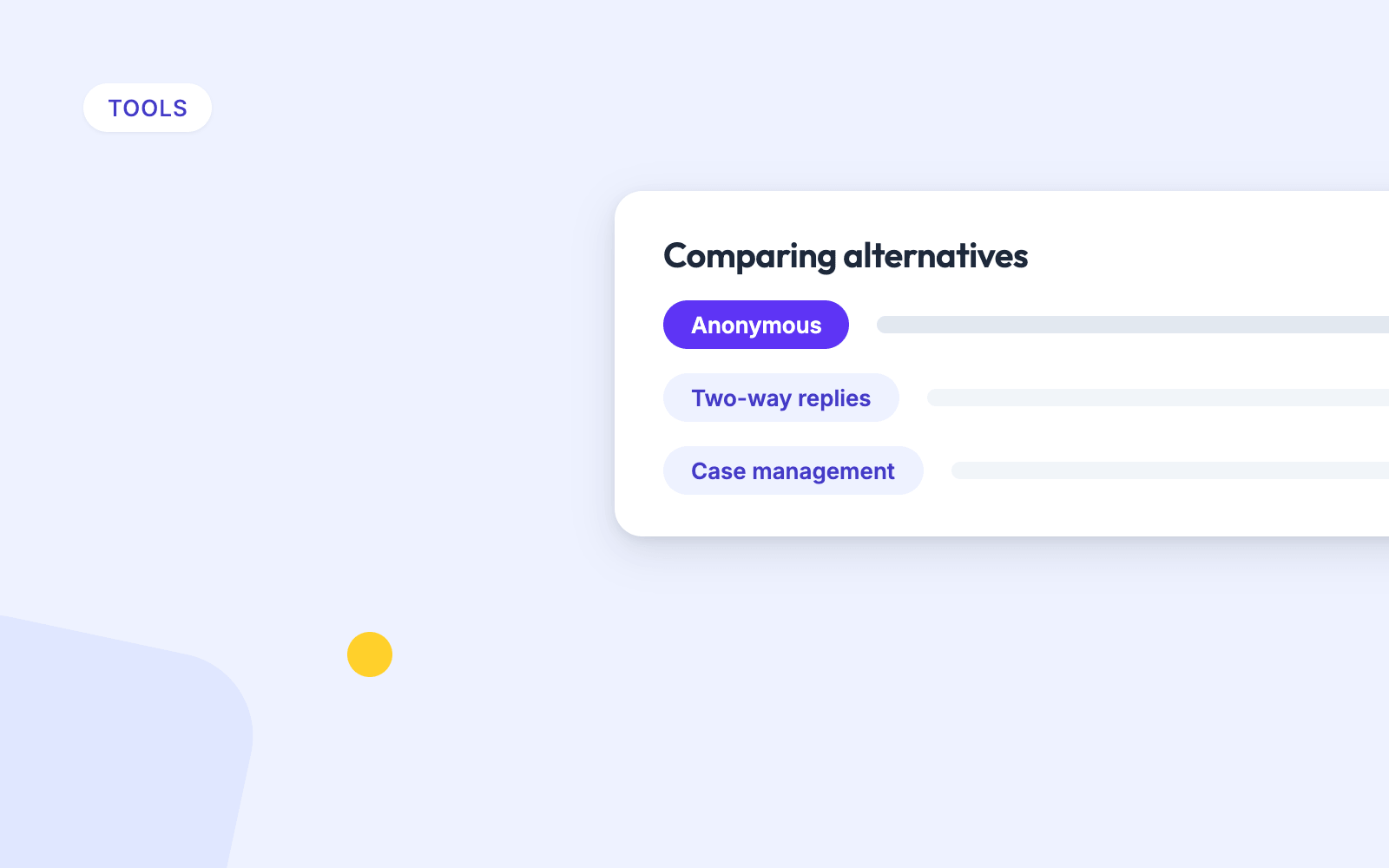 Comparison card with anonymous, two-way replies, and case management feature pills.