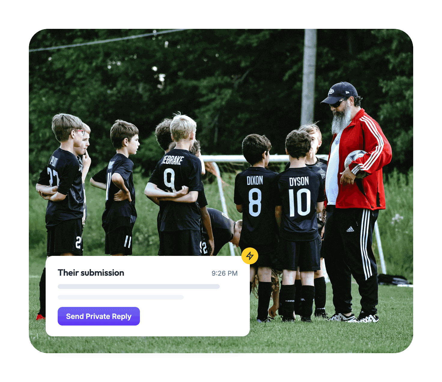 A team of young soccer players listens to their coach while an anonymous submission arrives in Suggestion Ox