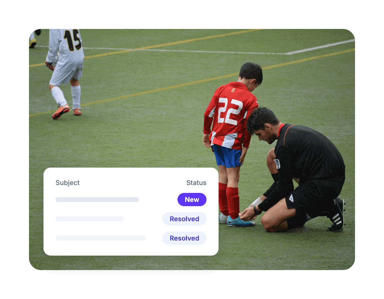 A coach kneels to help a young player while submission statuses move from new to resolved in Suggestion Ox