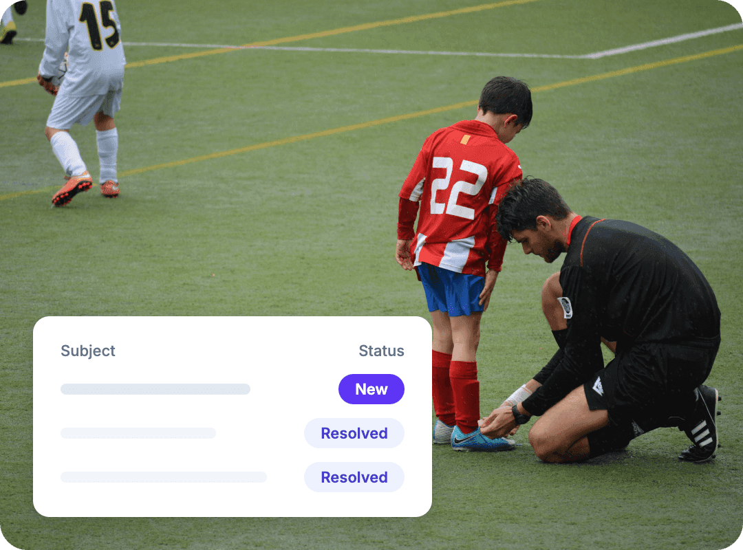 A coach kneels to help a young player while submission statuses move from new to resolved in Suggestion Ox