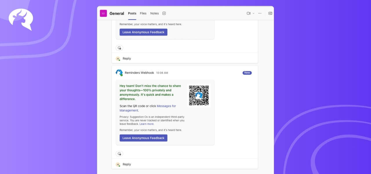 Feedback reminder from suggestion ox within ms teams